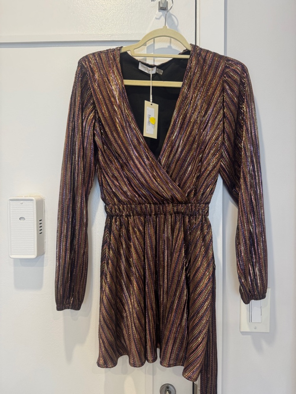 Ramy Brook Metallic Striped Wrap Long Sleeve Dress - Bronze & Purple